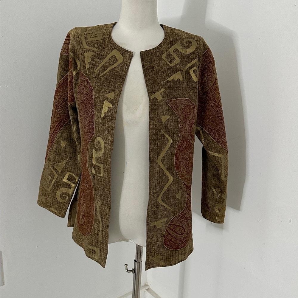 Vintage Lisandro Sarasola Art To Wear Printed Suede Tapestry Jacket S/M - Picture 5 of 6